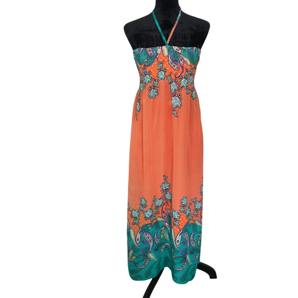 One Clothing Orange Green Paisley Flowy Maxi Boho Sundress Festival Resort M